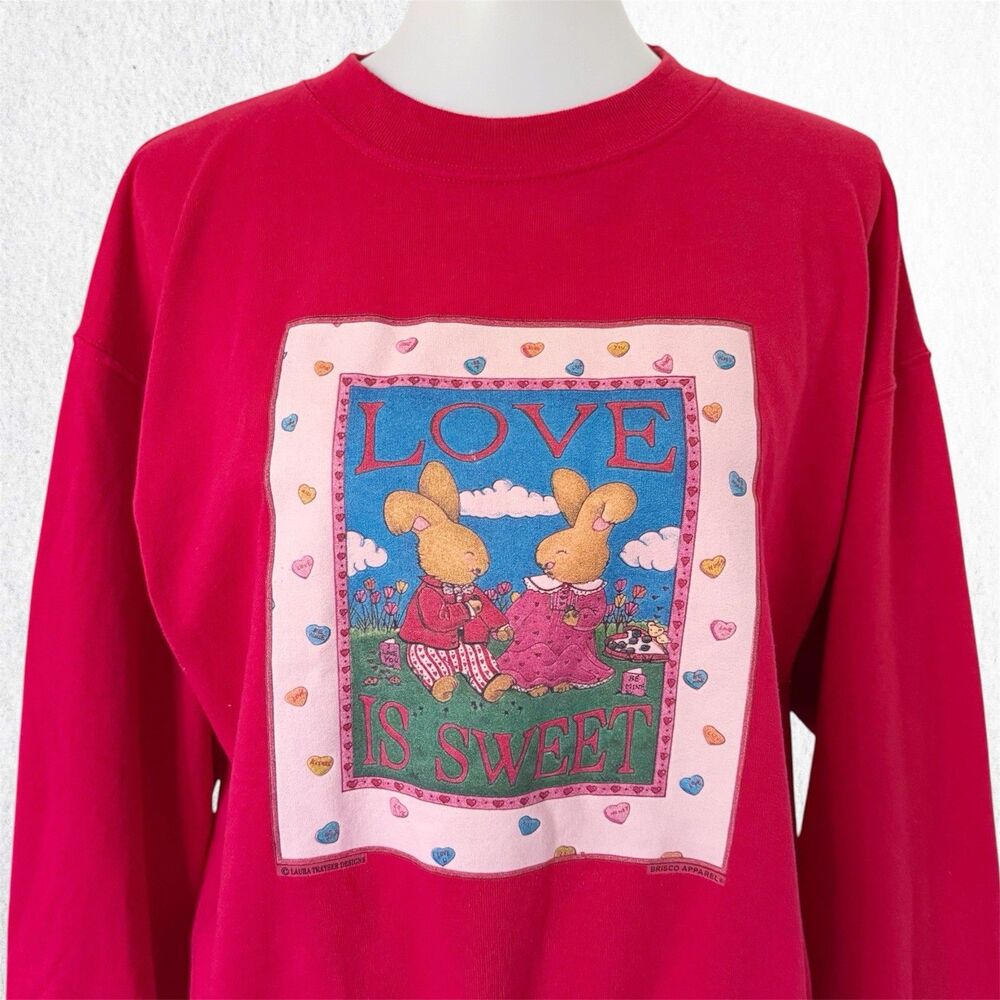 Vintage 90s Valentine's Kawaii Cottagecore Hearts Bunnies Sweatshirt XL Whimsica